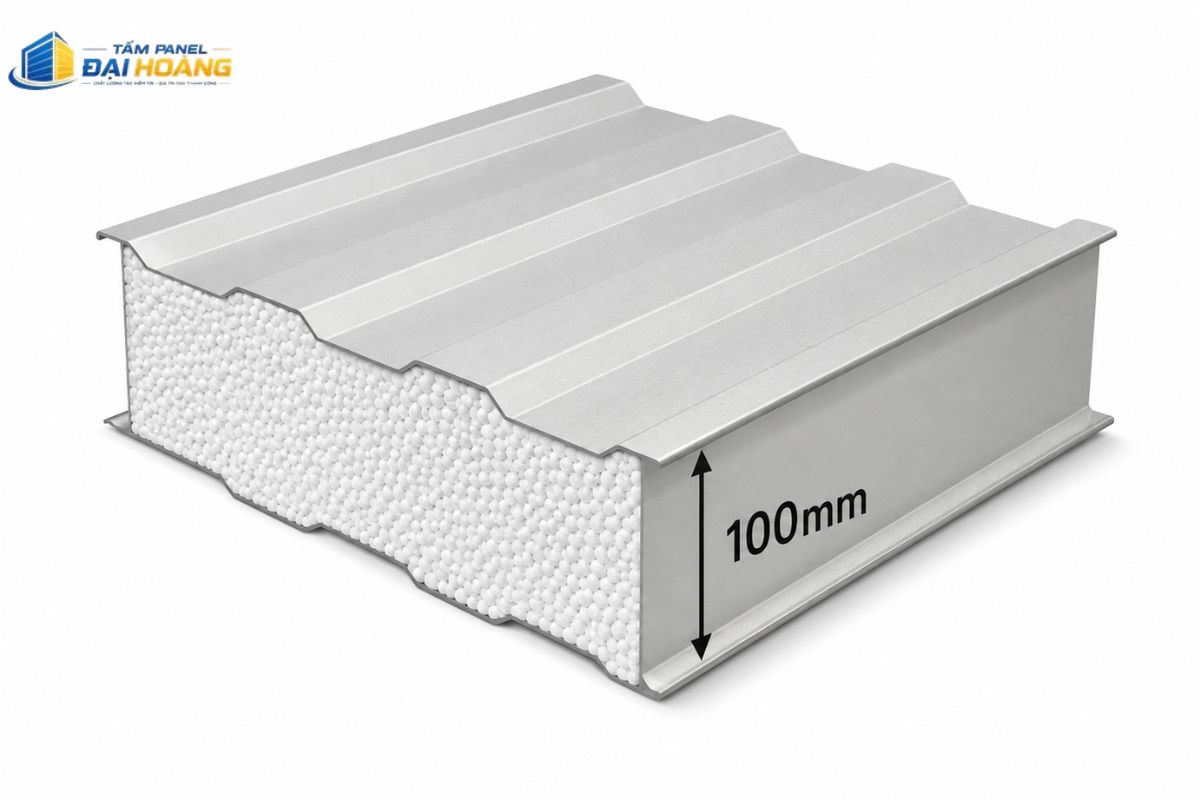 Tấm panel EPS 100mm cấu tạo dạng sandwich 3 lớp với lõi xốp dày 100mm kẹp giữa hai mặt tôn mạ màu