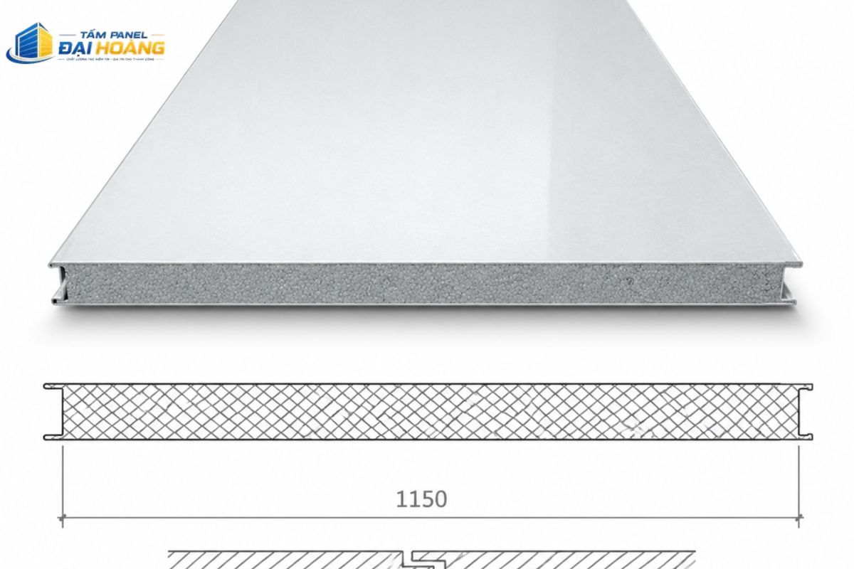 Tấm panel EPS 50mm cấu tạo 3 lớp với lõi xốp dày 50mm kẹp giữa hai mặt tôn mạ kẽm giúp cách nhiệt, cách âm