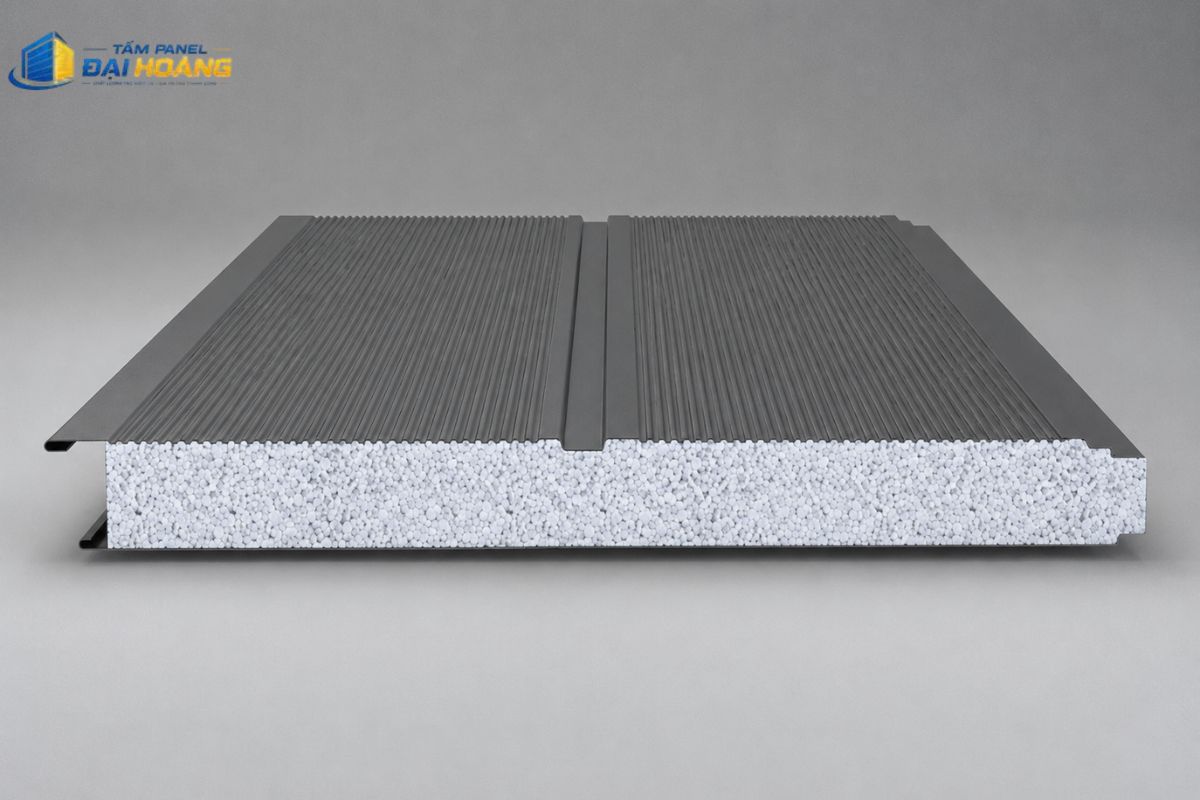 Tấm panel EPS 75mm cấu tạo 3 lớp chống nóng tốt, trọng lượng nhẹ và hỗ trợ cách âm hiệu quả cho các công trình dân dụng và công nghiệp