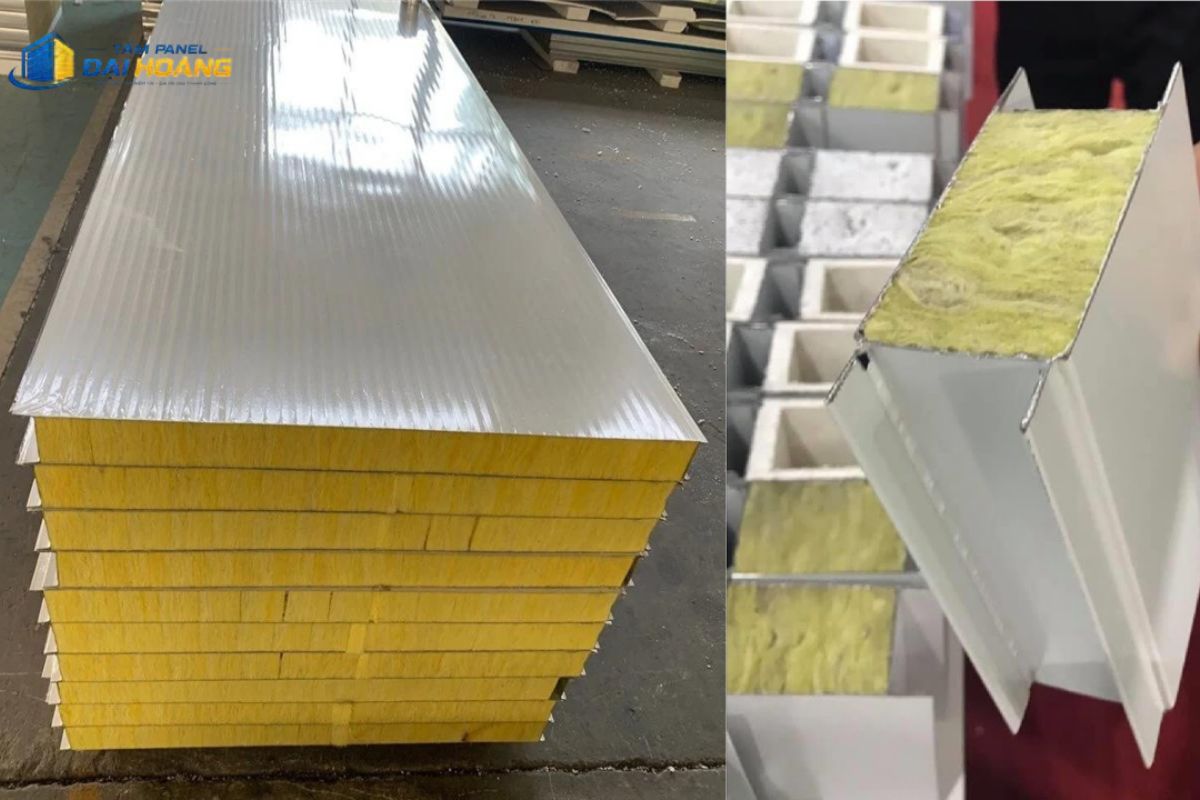 Cận cảnh lõi bông thủy tinh dày dặn của tấm Panel GlassWool 100mm giúp tối ưu hóa khả năng cách nhiệt và tiêu âm công nghiệp
