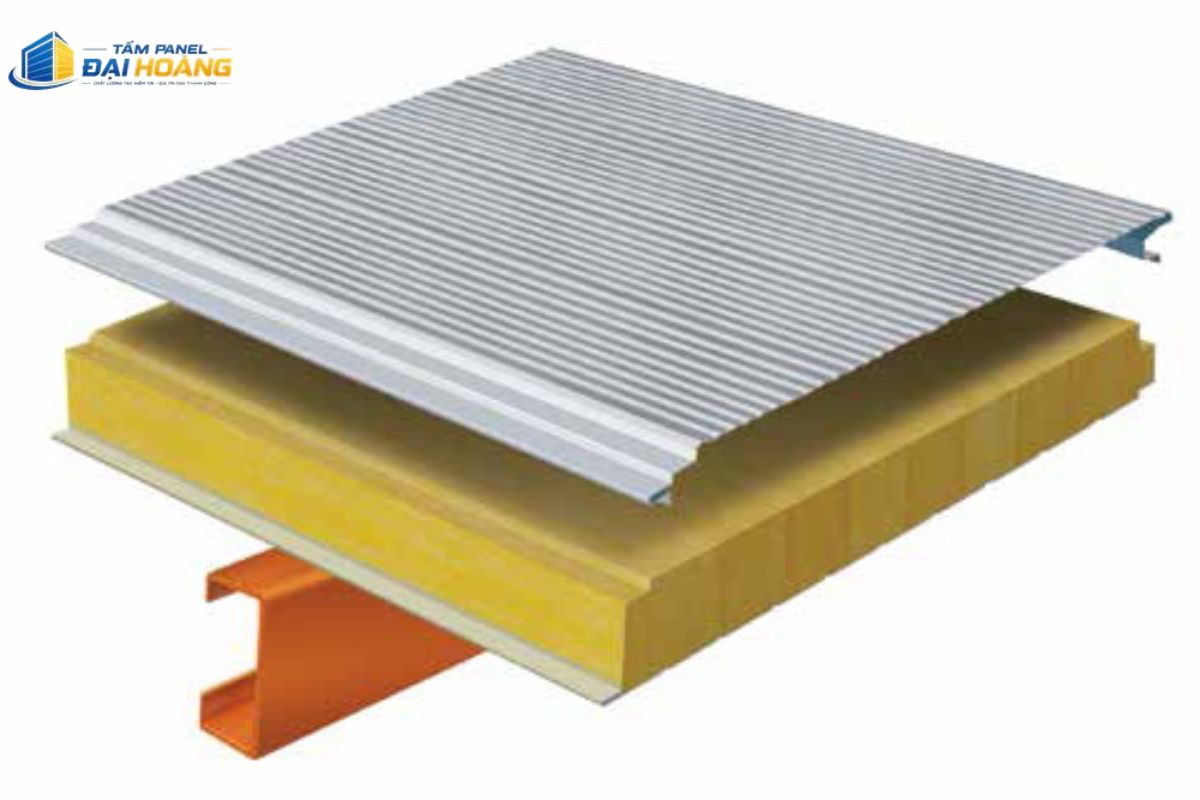 Mặt cắt thực tế tấm Panel GlassWool 100mm thể hiện độ dày lõi 100mm mang lại hiệu quả chống cháy và cách âm