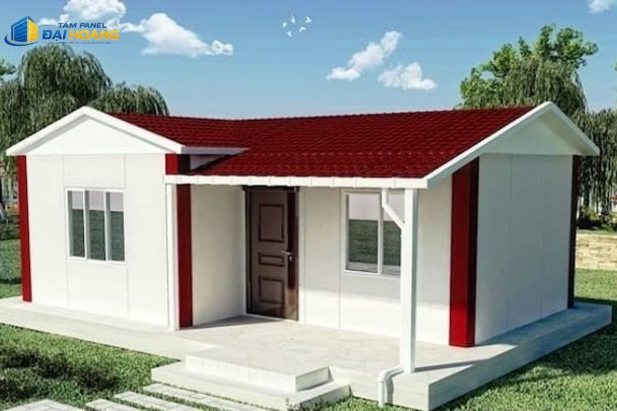 Nhà lắp ghép khung thép hiện đại sử dụng tấm Panel PU 50mm làm vách bao ngoài chống nóng