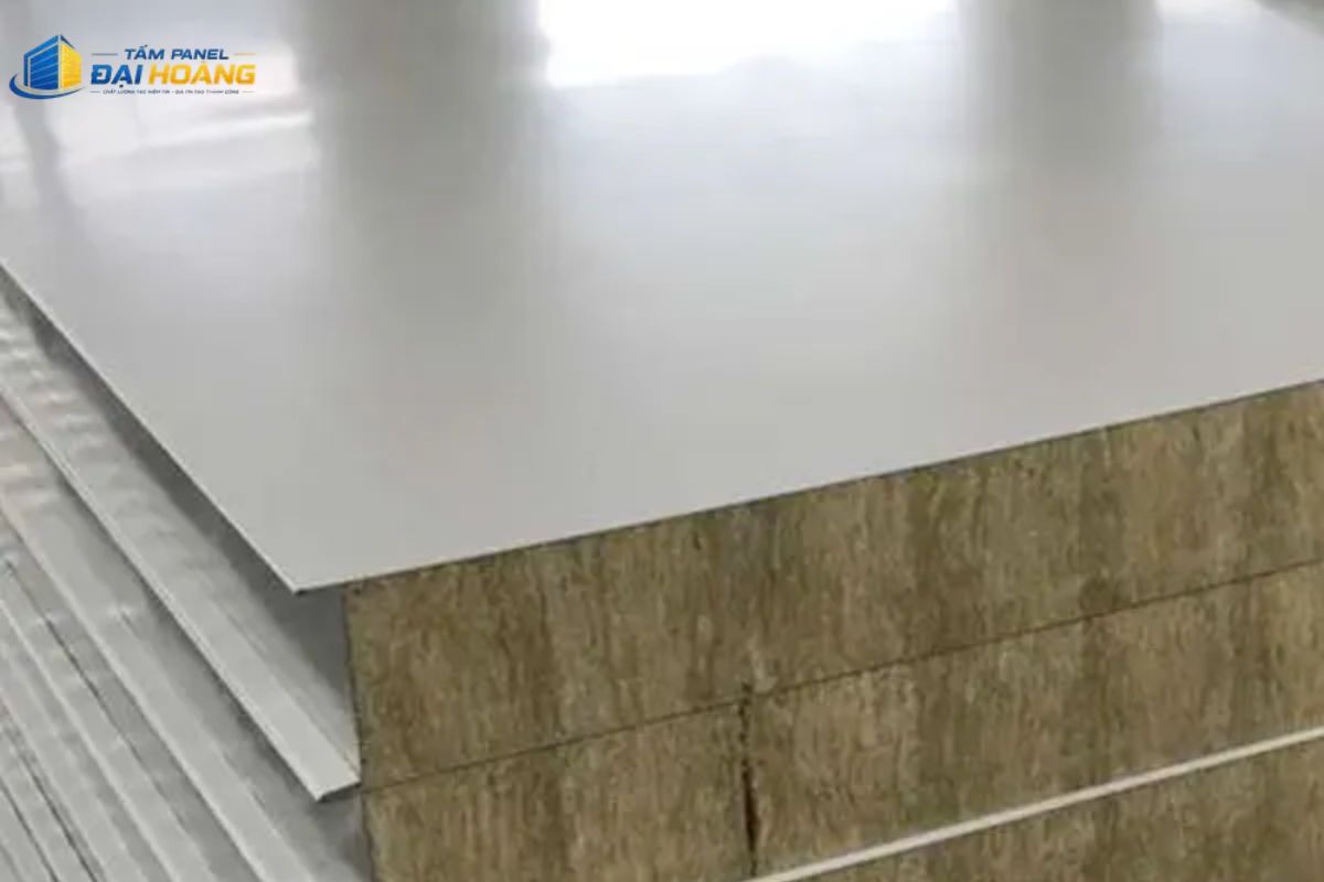 Tấm panel Rockwool làm vách ngăn trong nhà với bề mặt phẳng hoặc cán gân mờ, phù hợp cho phòng sạch, kho lạnh và nhà máy sản xuất
