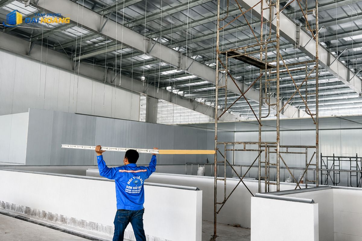 Kỹ thuật viên lắp đặt vách panel trong nhà xưởng tại Đồng Nai