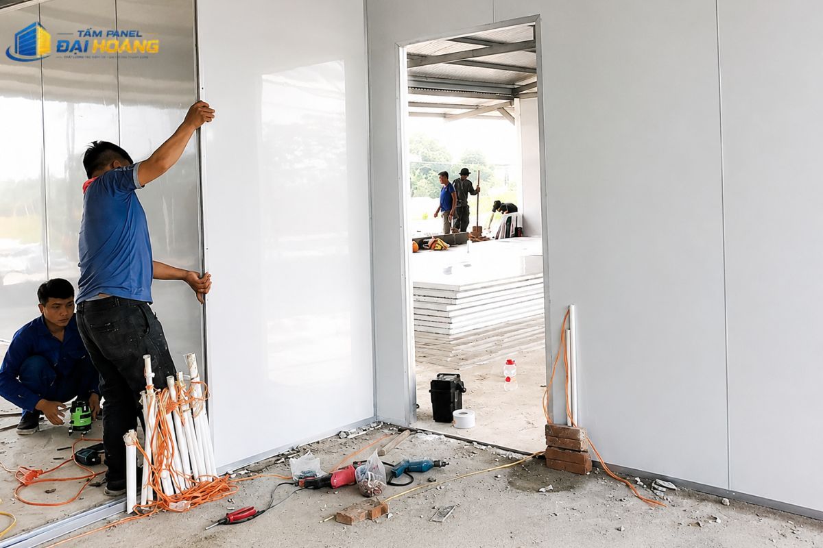 Đội ngũ thi công tấm panel phường Tân Hưng tại công trình